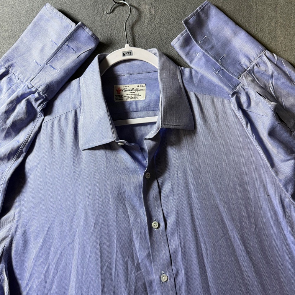 Turnbull & Asser Blue Herringbone French Cuff Dress Shirt Made in England 18 45